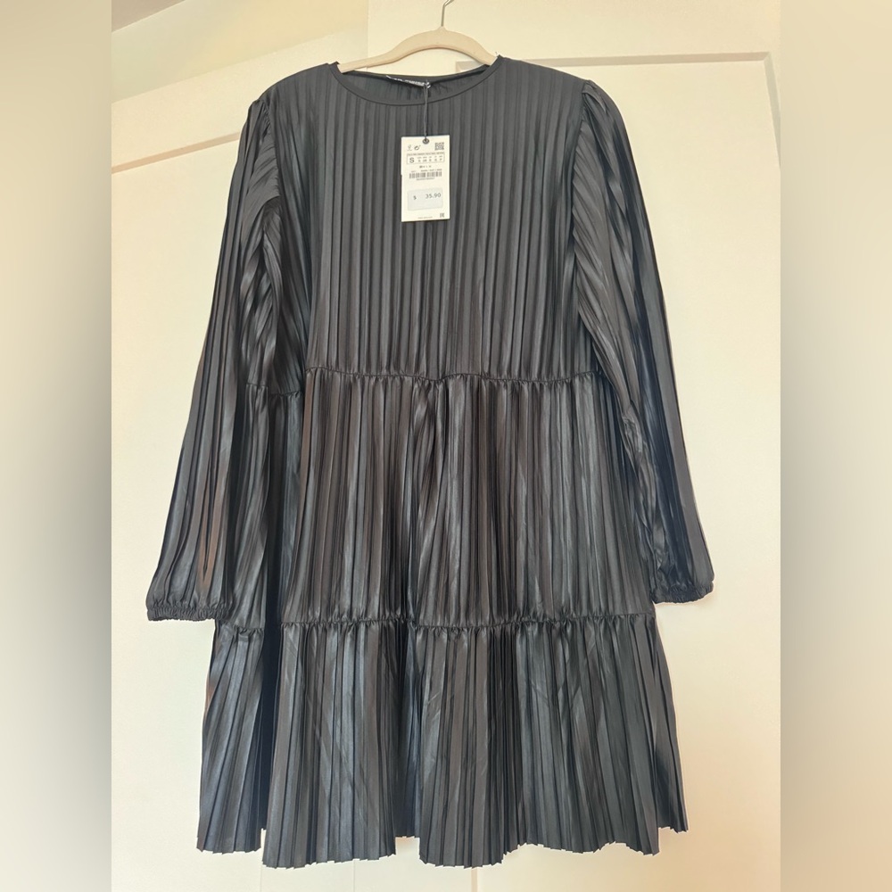 ZARA Black Pleated Silk Dress (never worn)
